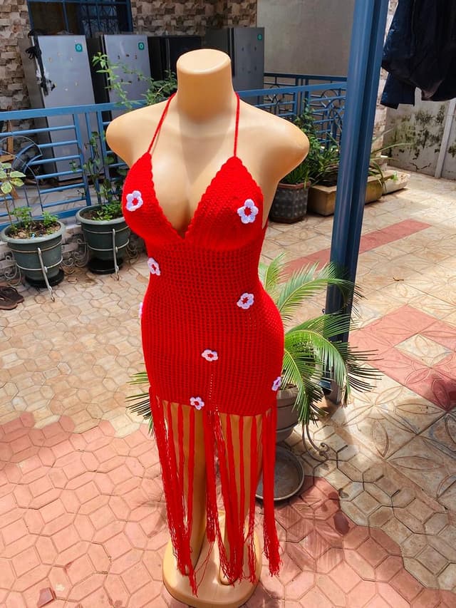 Red crochet fringe dress with white flowers